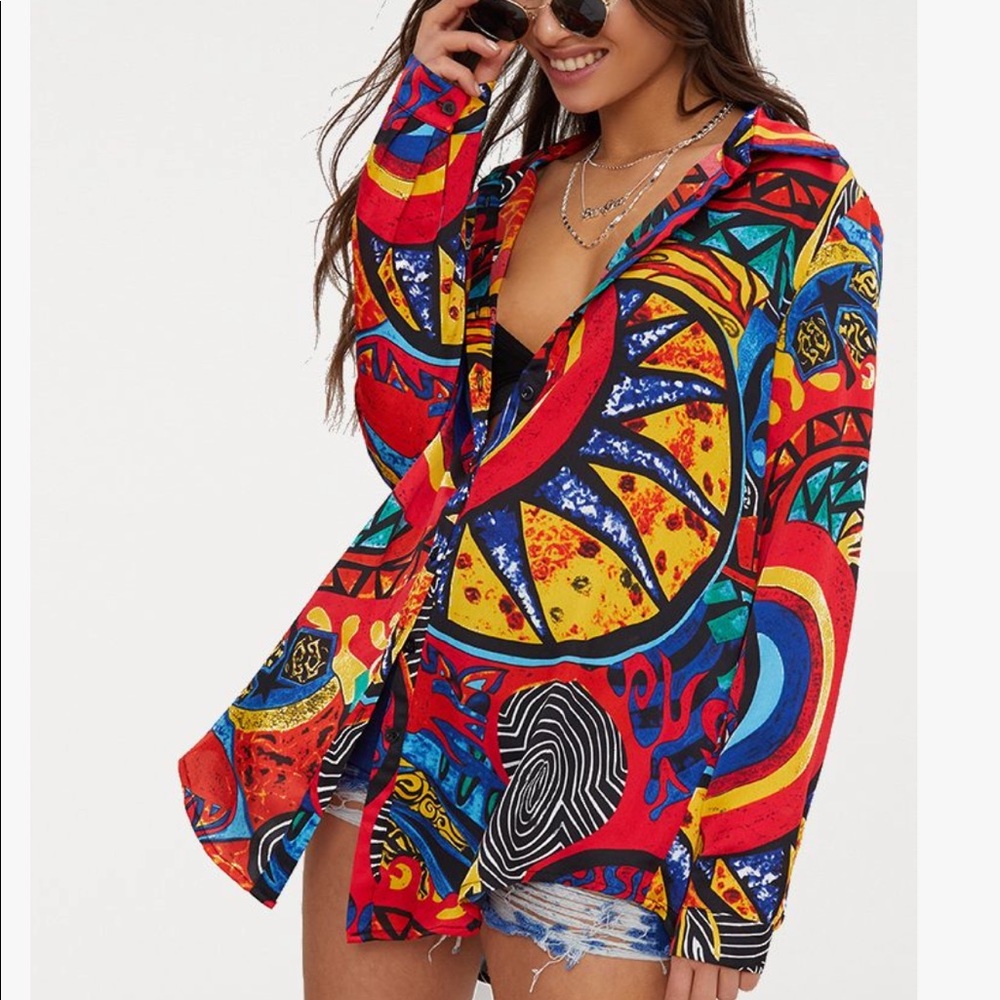 Red 80s Printed Oversized Shirt